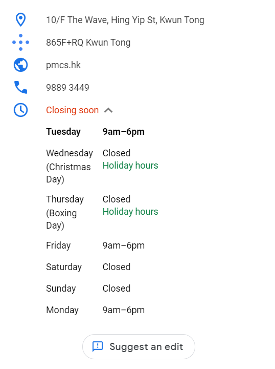 Company Details Including Opening Hours